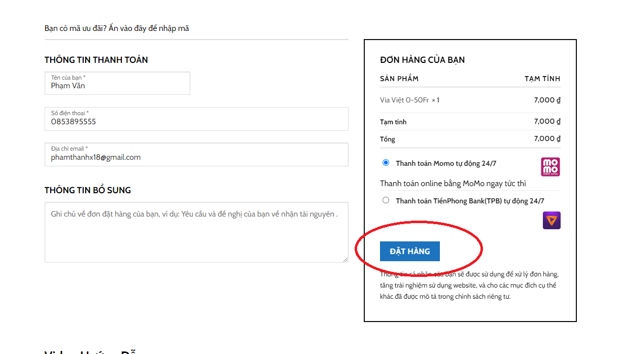 Bước 5: Nhập thông tin thanh toán và hoàn tất đơn đặt hàng