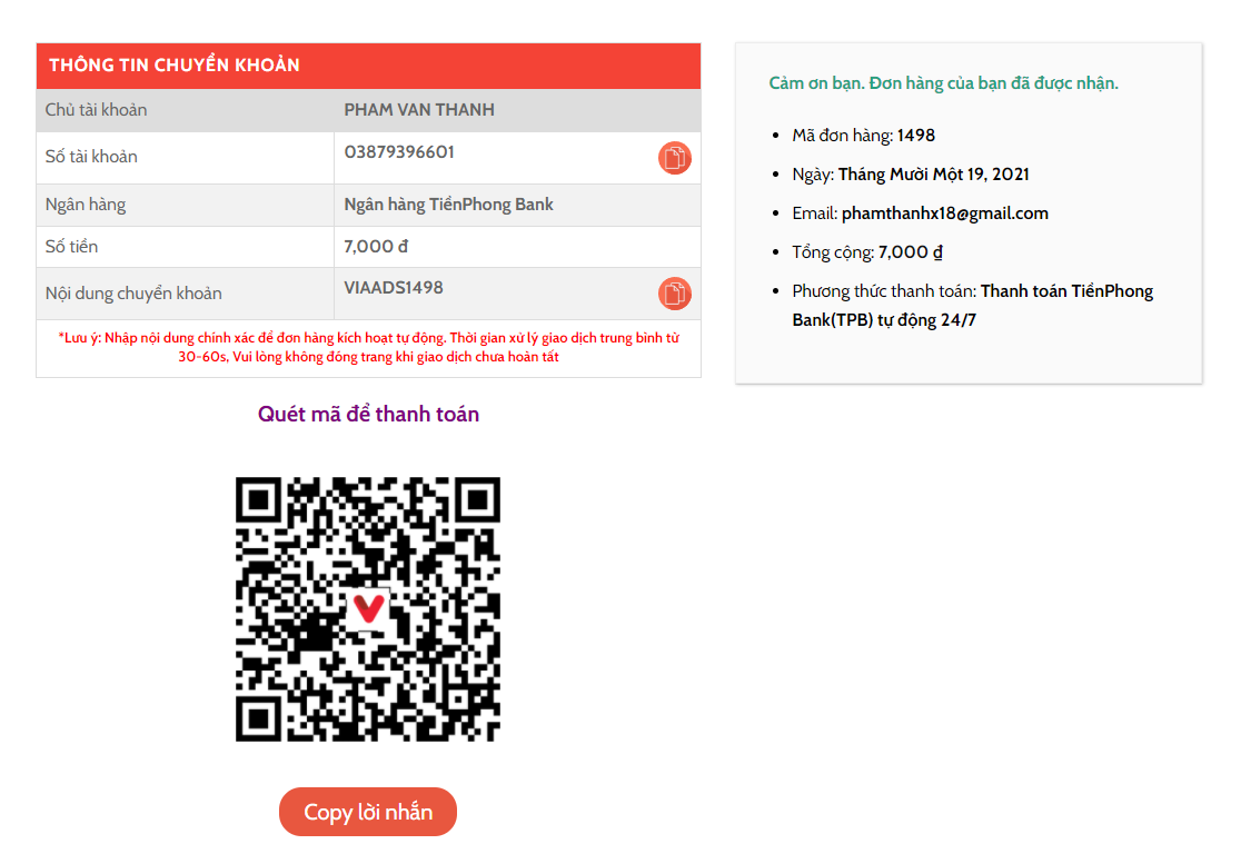 Bước 6: Thanh toán cho đơn hàng vừa đặt